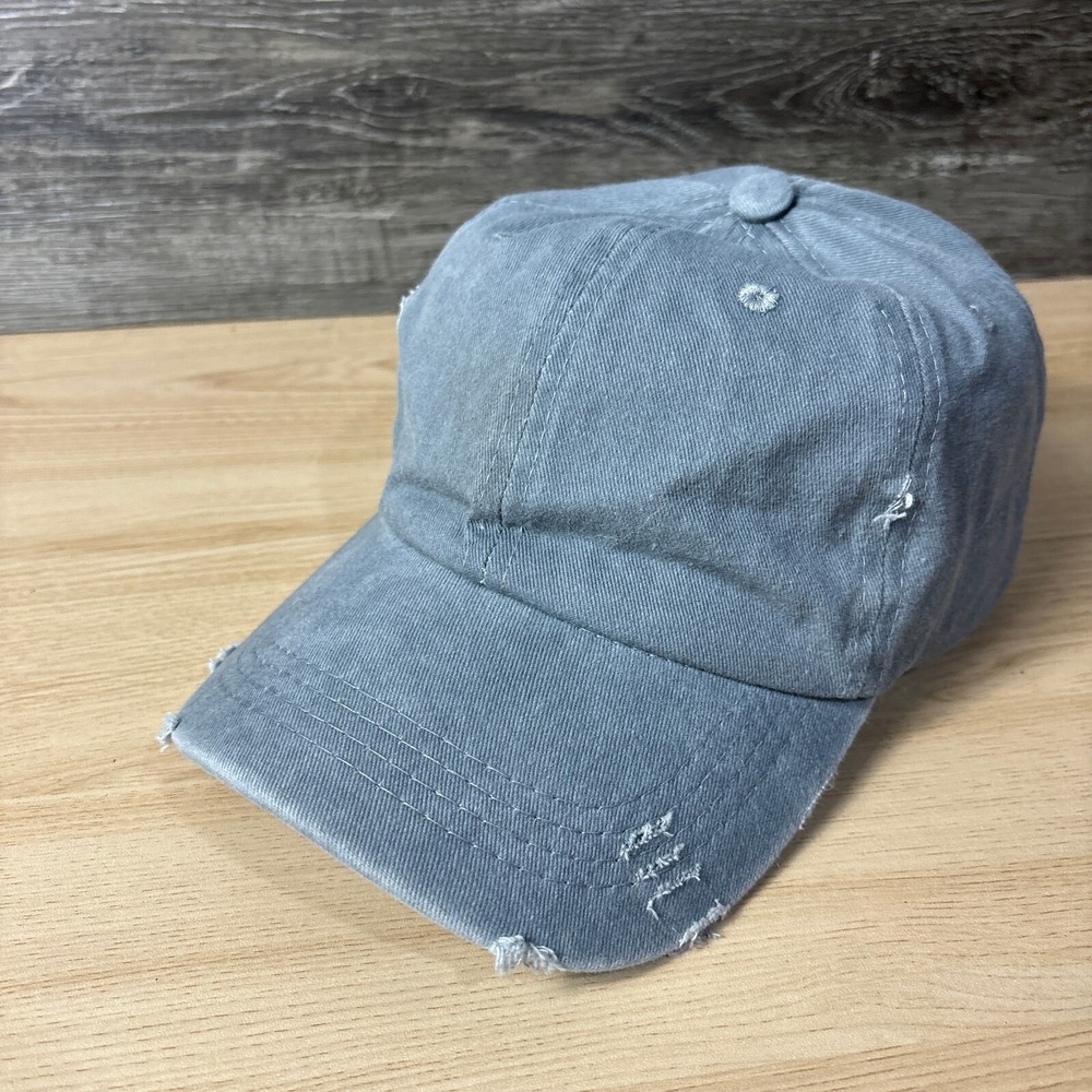 Blank Hat Cap Strap Back Womens Gray Western Pony Tail Hole Distressed